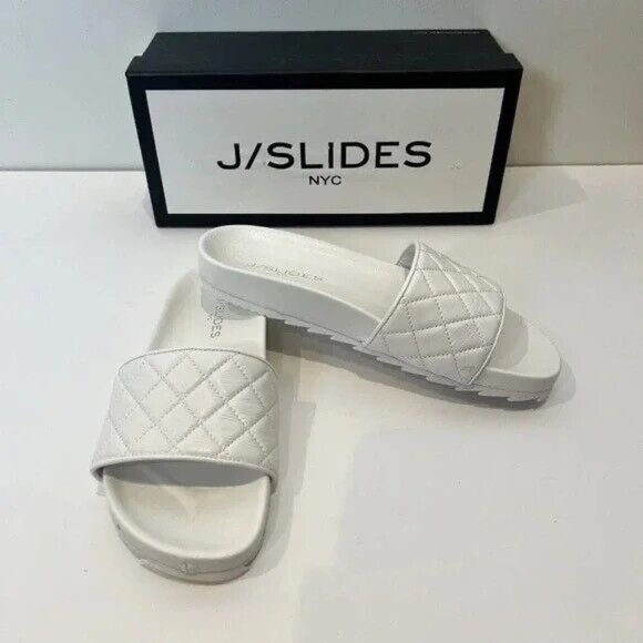 New J/Slides Edge Leather Slide Sandals Slip On White Quilted Comfortable NIB - Picture 2 of 4